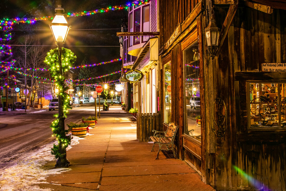Georgetown Colorado at night during Christmas